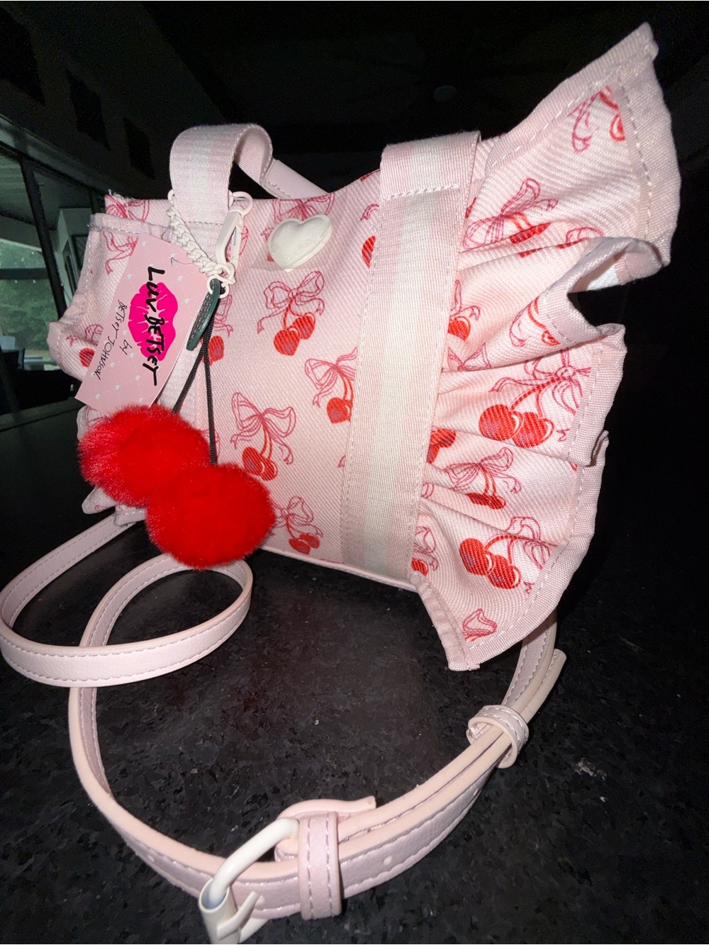 NEW LUV BETSEY JOHNSON Pink Red Cherry RUFFLE TOP HANDLE crossbody pompom Bag - Picture 10 of 16